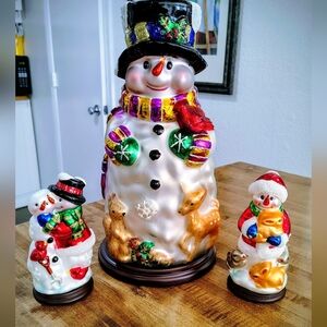 Thomas Pacconi Classics Large Blown Glass SNOWMANS Ornaments W/Wooden Bases 2004